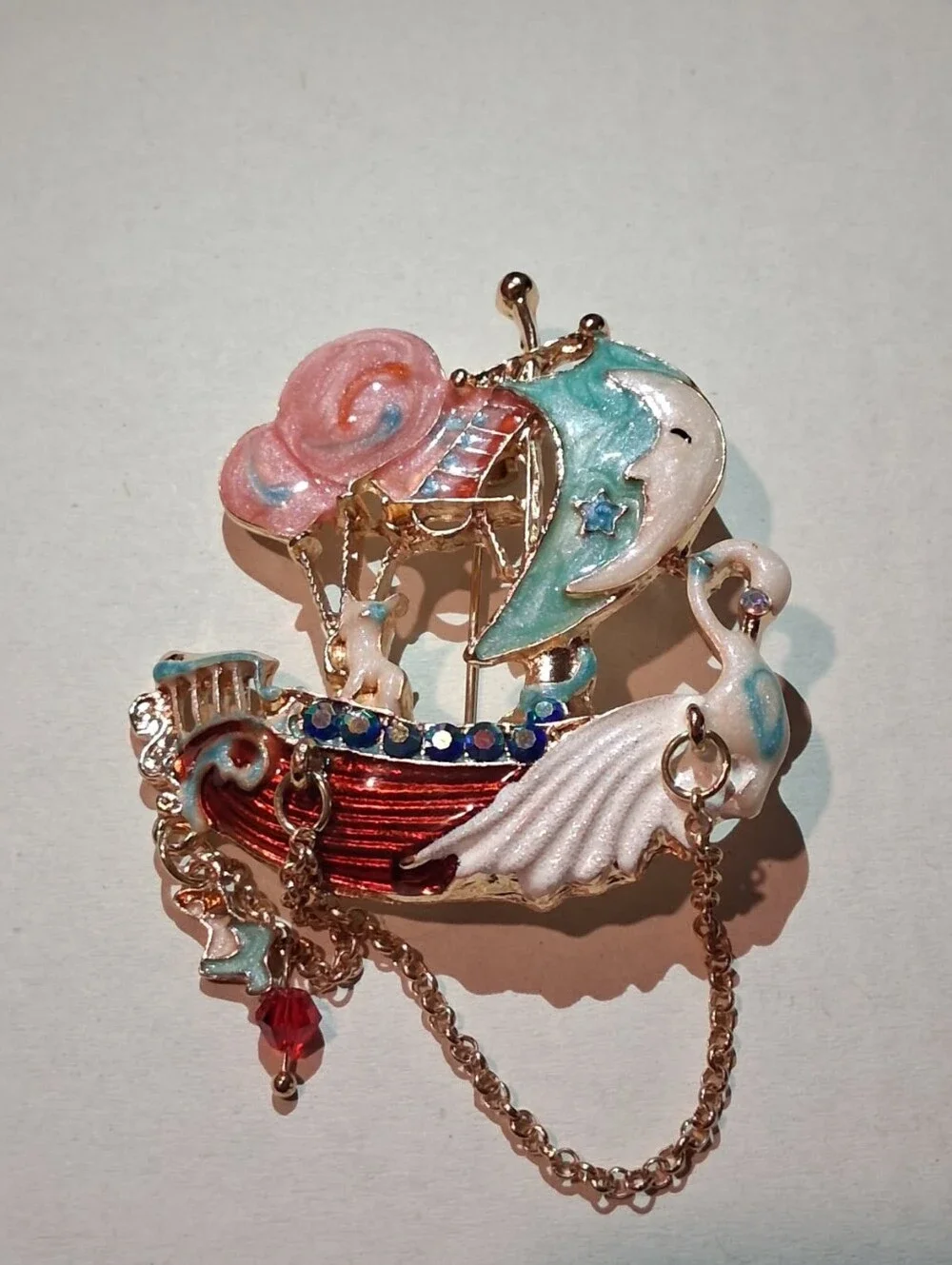 New Whimsical Enamel Swan & Moon Boat Brooch - Pastel Pink, Teal & White